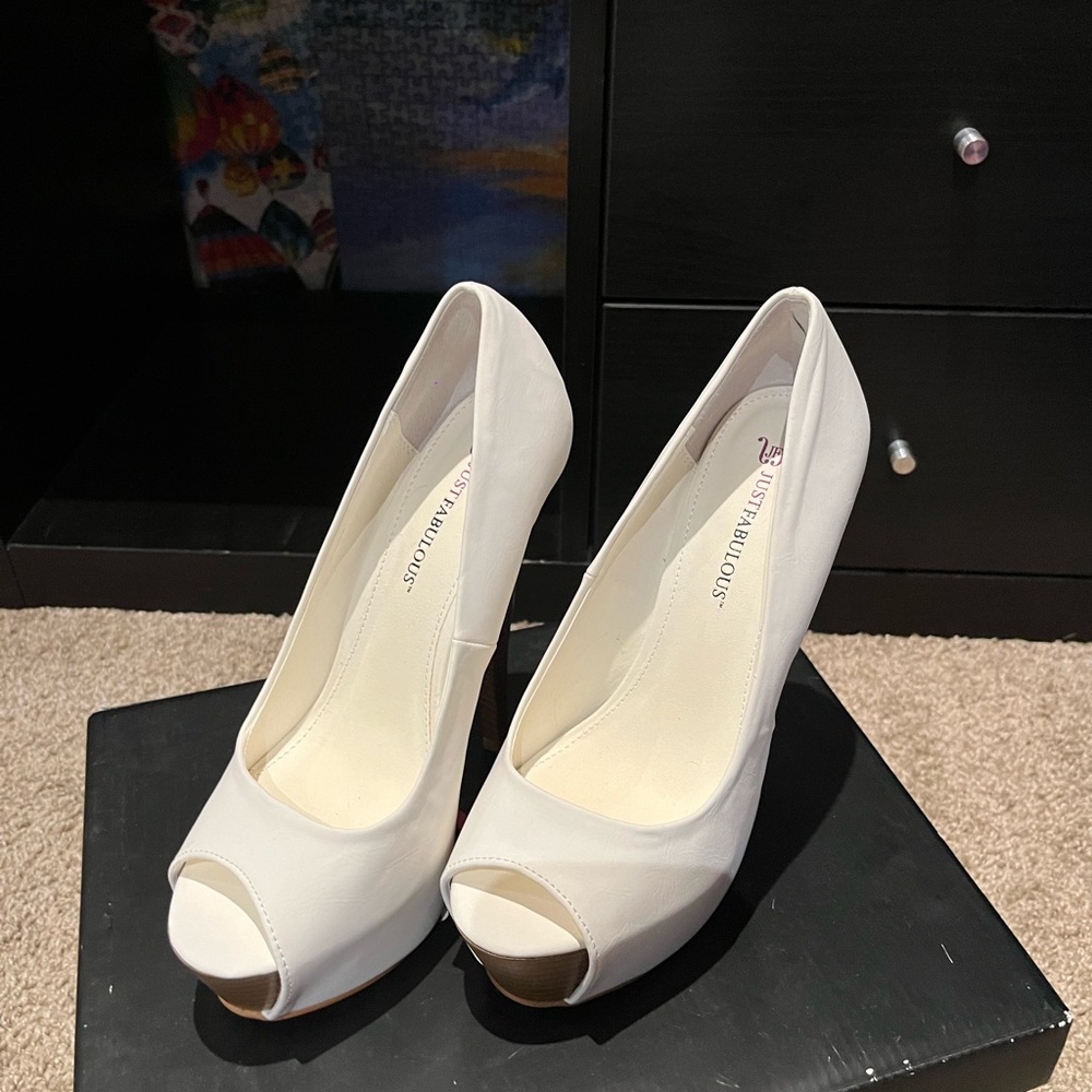 JustFab white peep-toe pumps